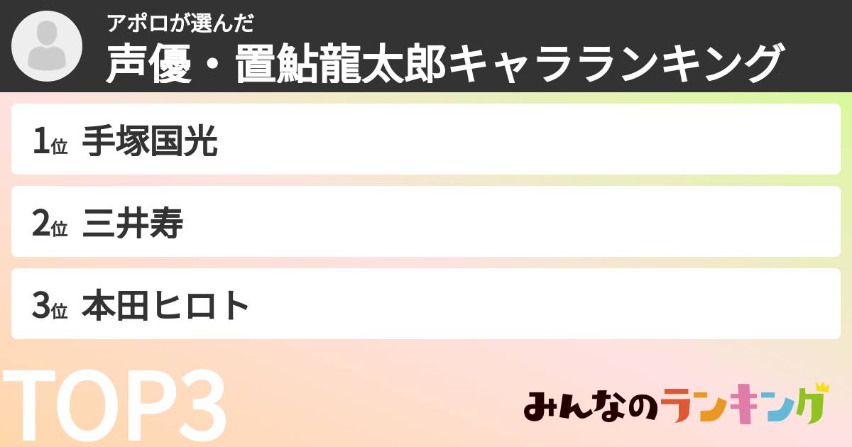 アポロさんの「声優・置鮎龍太郎キャラランキング」