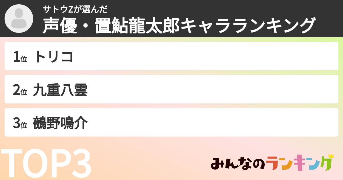 サトウZさんの「声優・置鮎龍太郎キャラランキング」