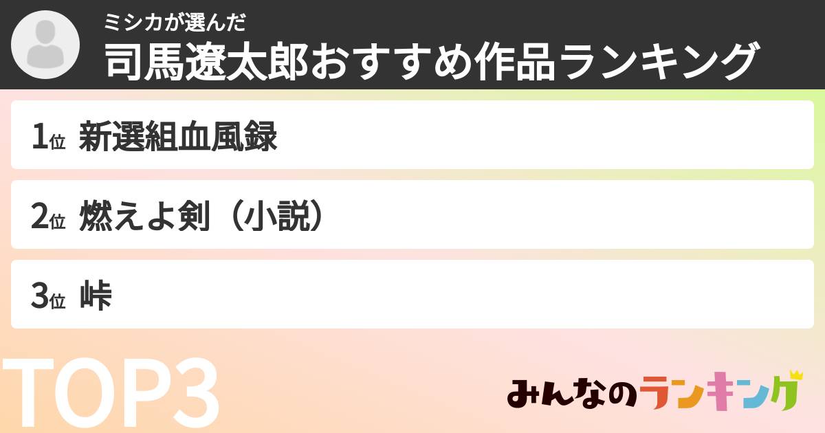 ミシカさんの「司馬遼太郎おすすめ作品ランキング」