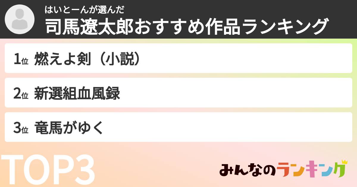 はいとーんさんの「司馬遼太郎おすすめ作品ランキング」