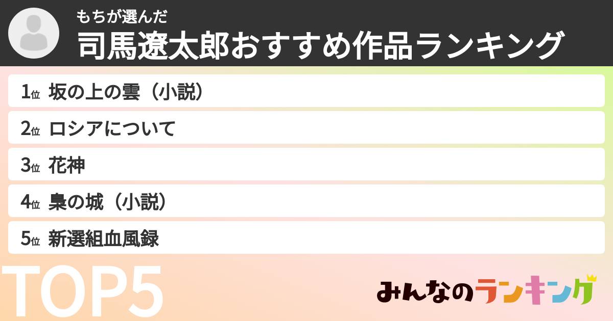 もちさんの「司馬遼太郎おすすめ作品ランキング」