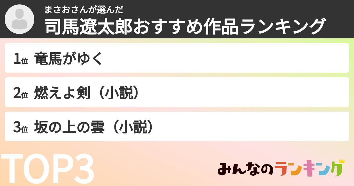 まさおさんさんの「司馬遼太郎おすすめ作品ランキング」