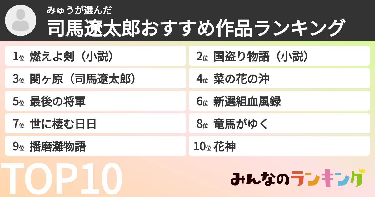 みゅうさんの「司馬遼太郎おすすめ作品ランキング」