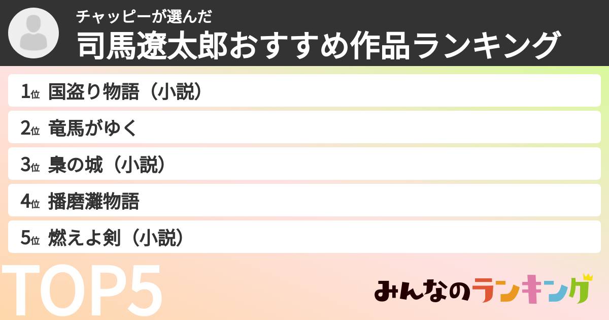 チャッピーさんの「司馬遼太郎おすすめ作品ランキング」