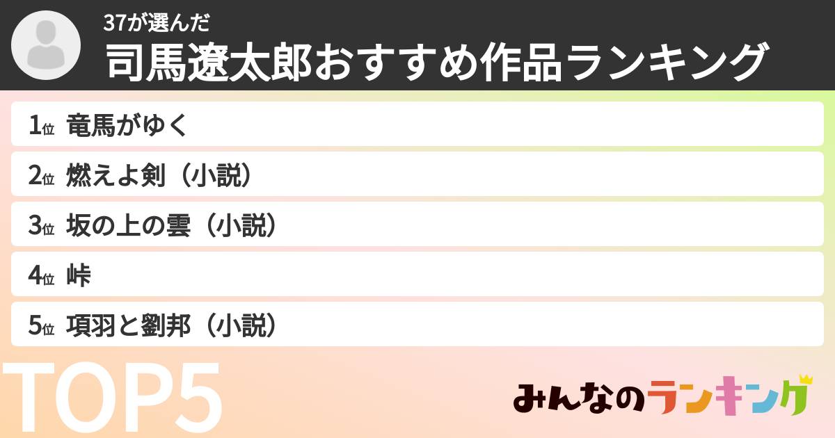 37さんの「司馬遼太郎おすすめ作品ランキング」