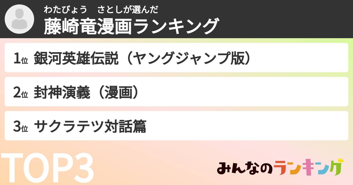 わたびょう さとしさんの「藤崎竜漫画ランキング」