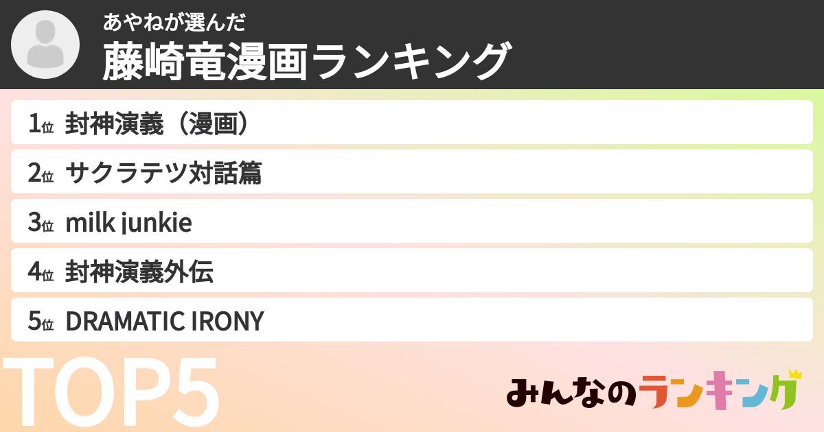 あやねさんの「藤崎竜漫画ランキング」