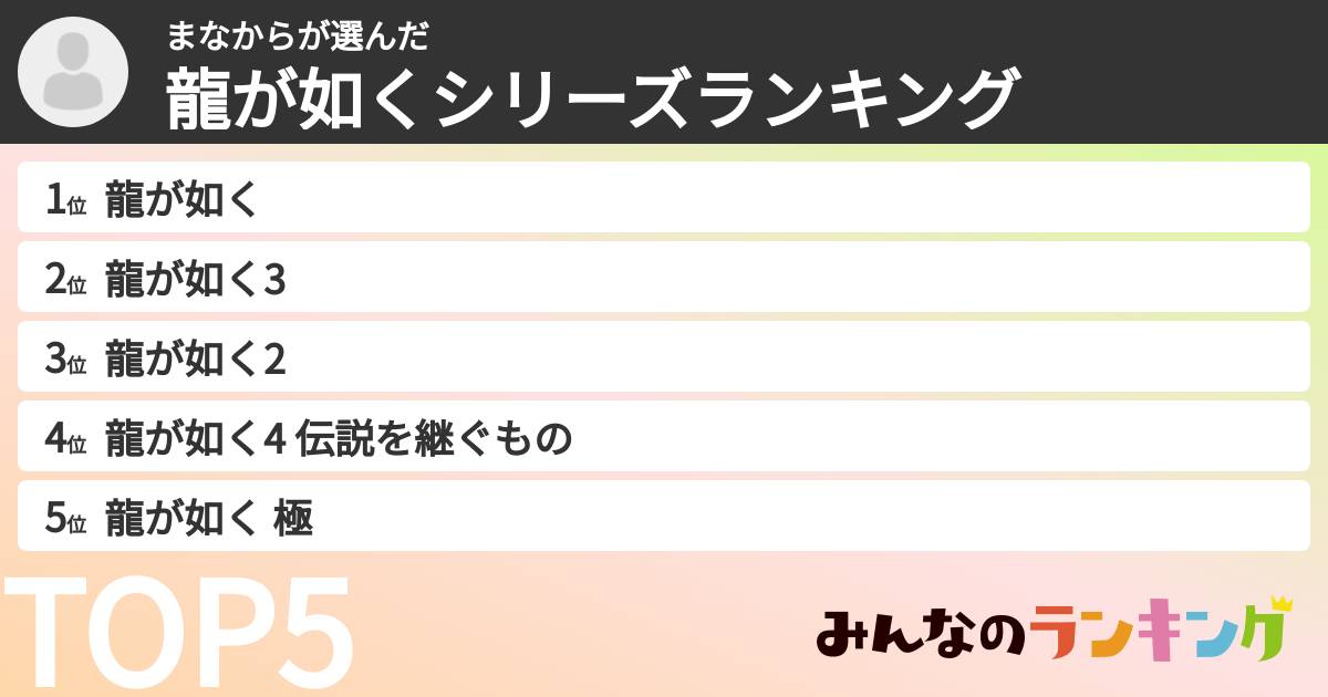 まなからさんの「龍が如くシリーズランキング」