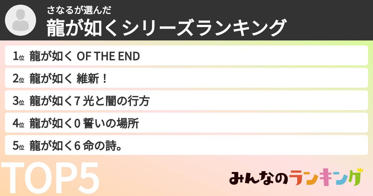 さなるさんの「龍が如くシリーズランキング」
