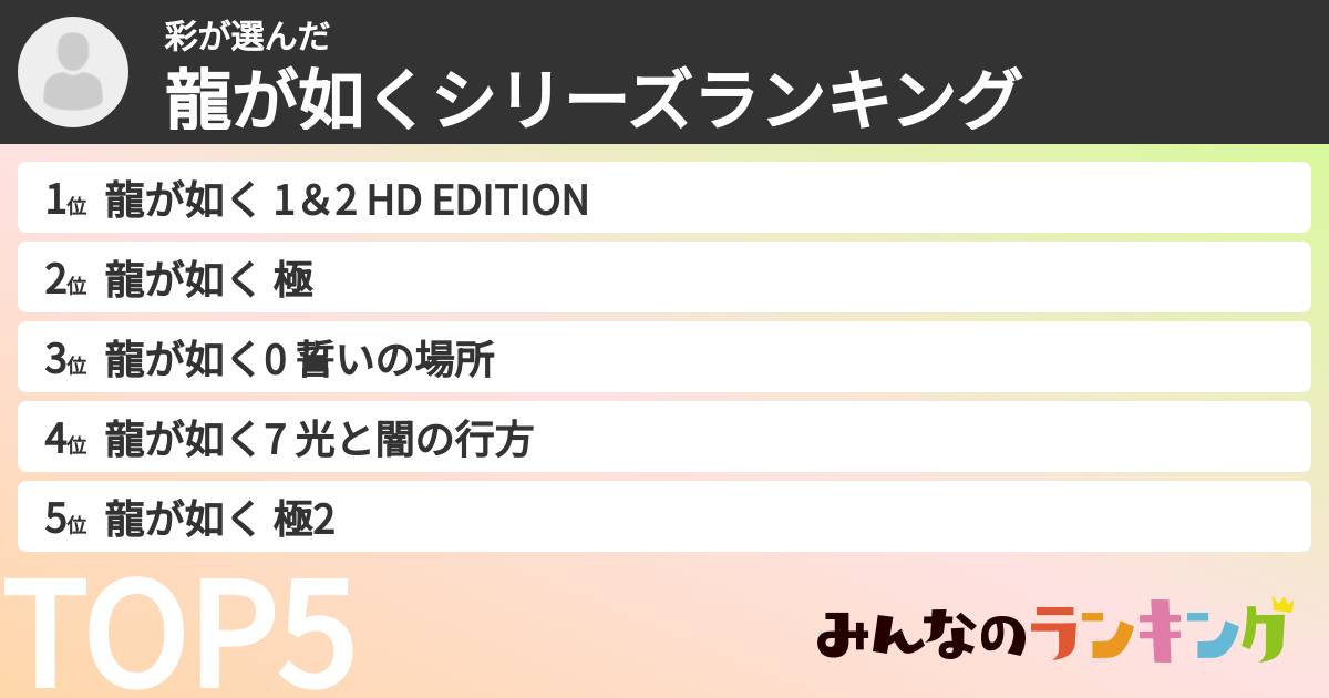 彩さんの「龍が如くシリーズランキング」