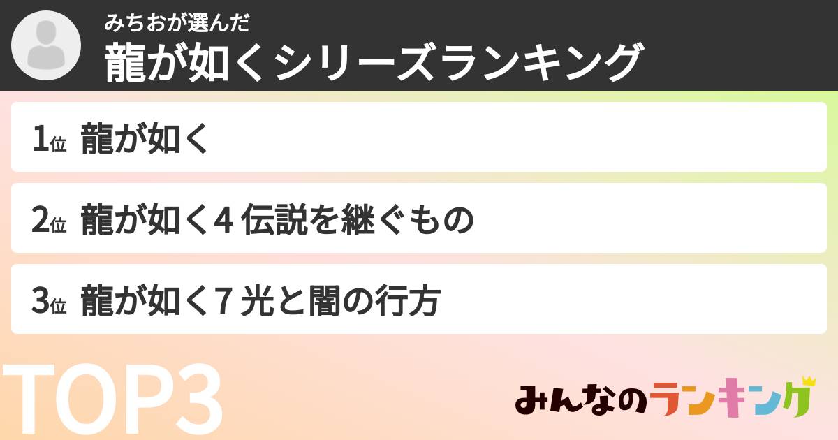 みちおさんの「龍が如くシリーズランキング」