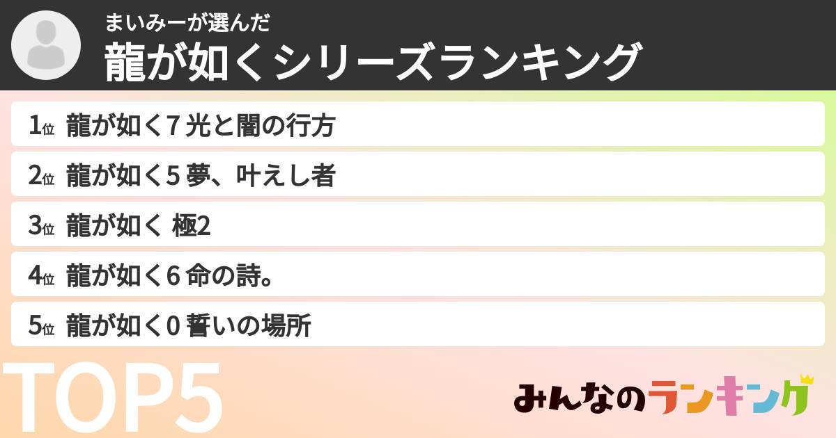 まいみーさんの「龍が如くシリーズランキング」