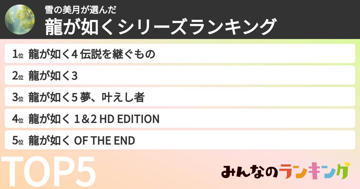 雪の美月さんの「龍が如くシリーズランキング」