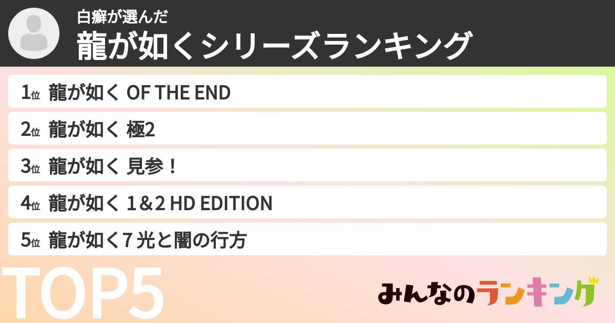 白癬さんの「龍が如くシリーズランキング」