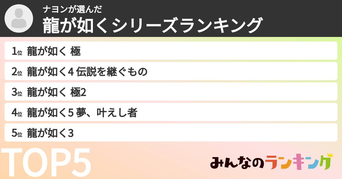 ナヨンさんの「龍が如くシリーズランキング」