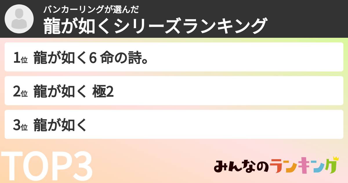 バンカーリングさんの「龍が如くシリーズランキング」