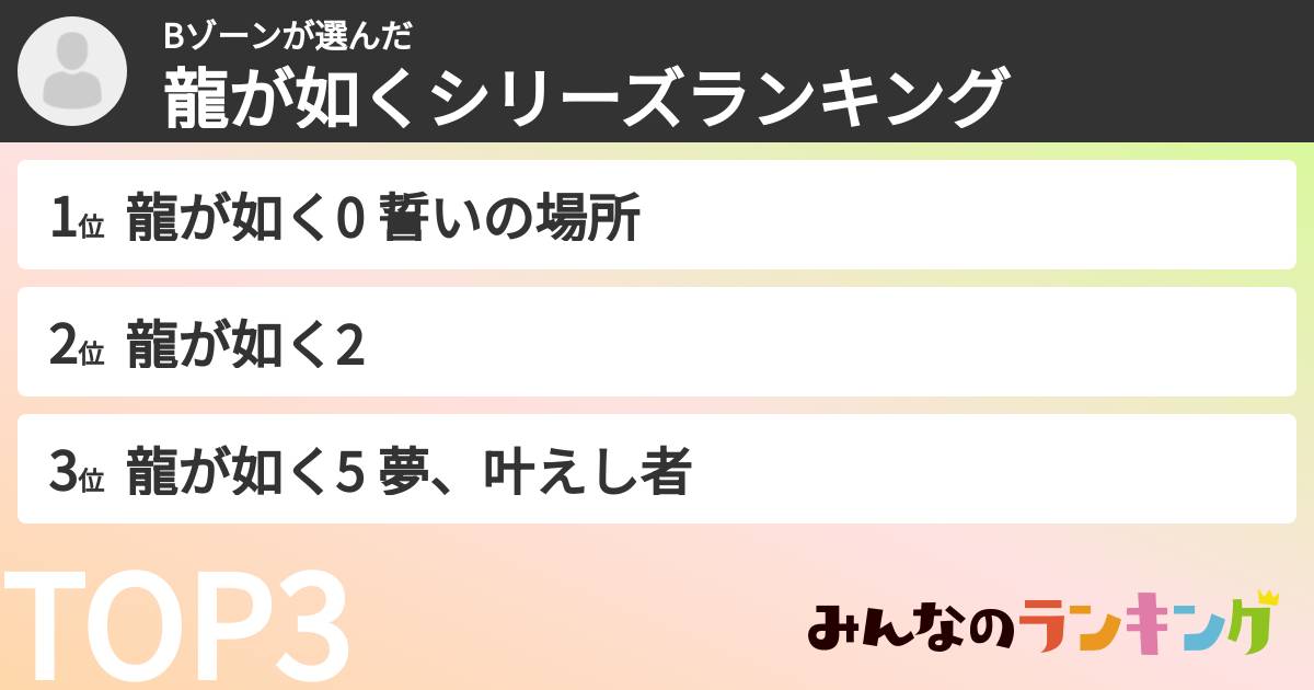 Bゾーンさんの「龍が如くシリーズランキング」