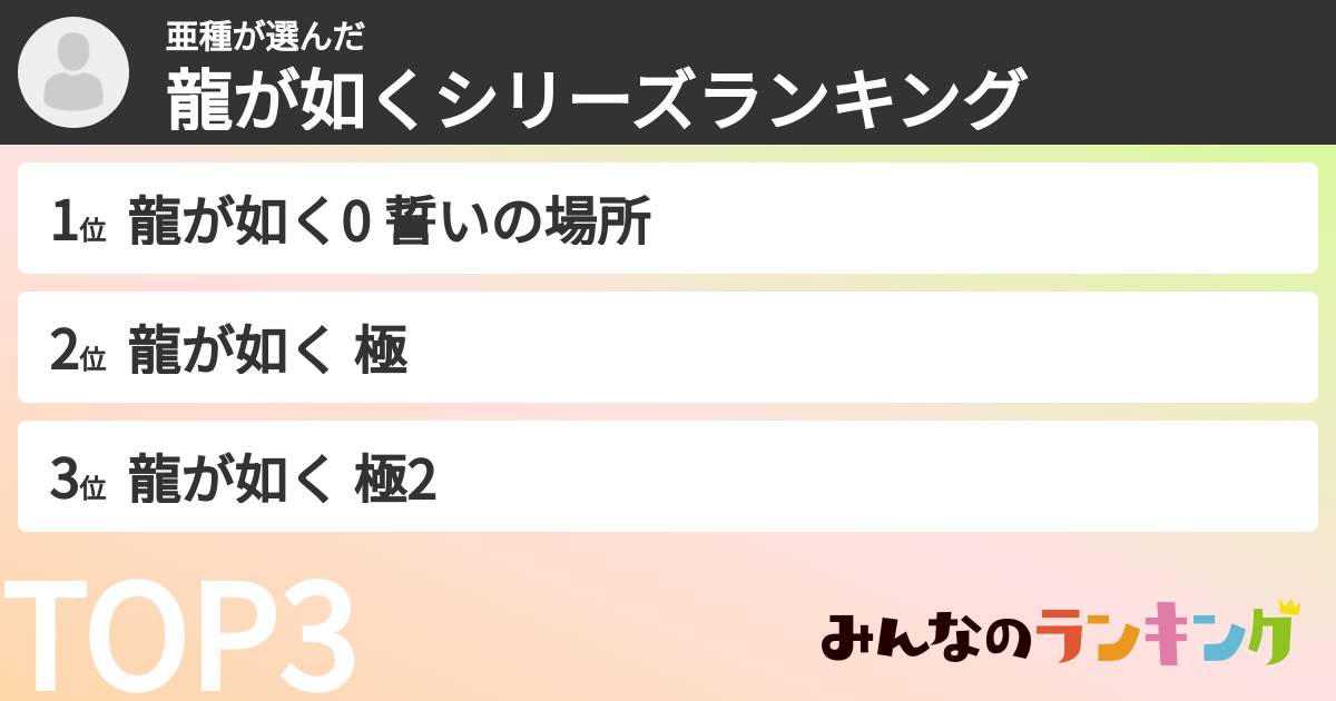 亜種さんの「龍が如くシリーズランキング」