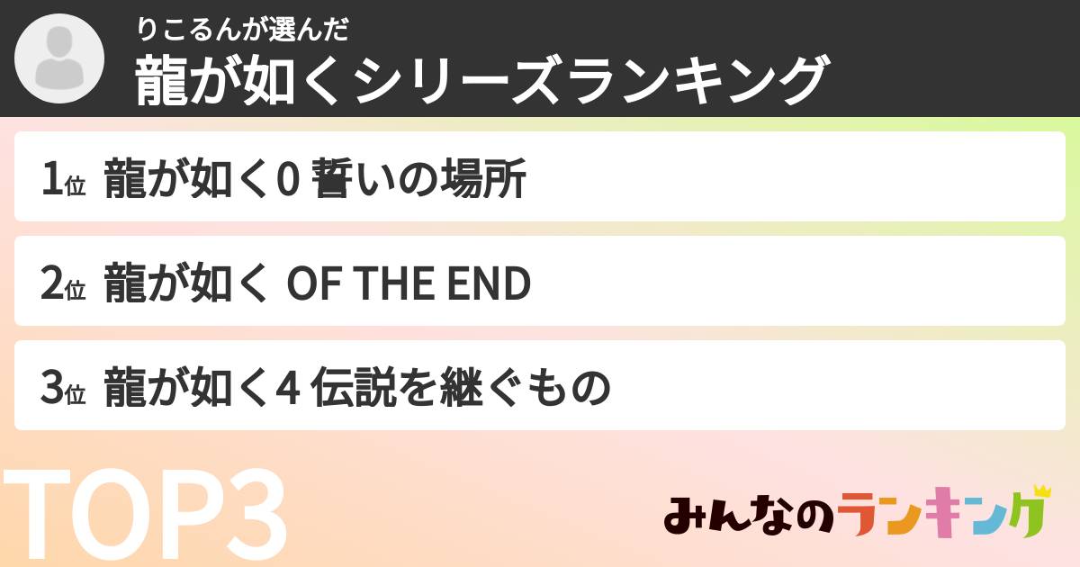 りこるんさんの「龍が如くシリーズランキング」