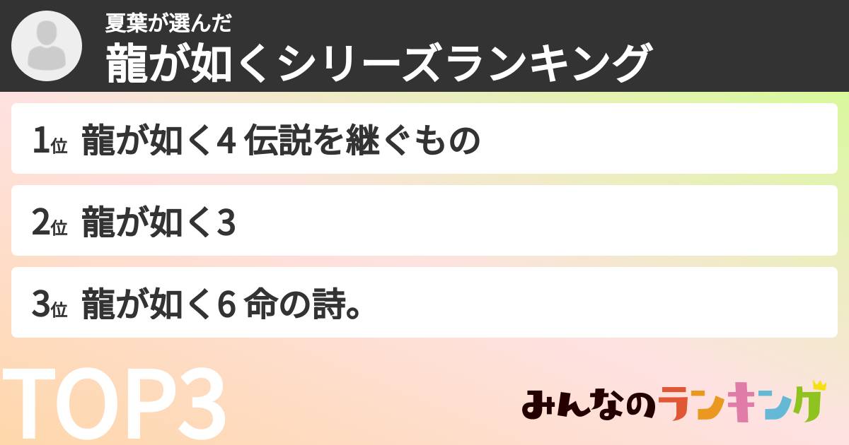 夏葉さんの「龍が如くシリーズランキング」