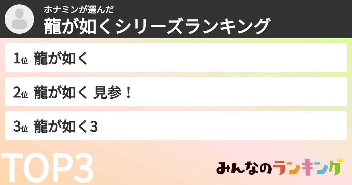 ホナミンさんの「龍が如くシリーズランキング」