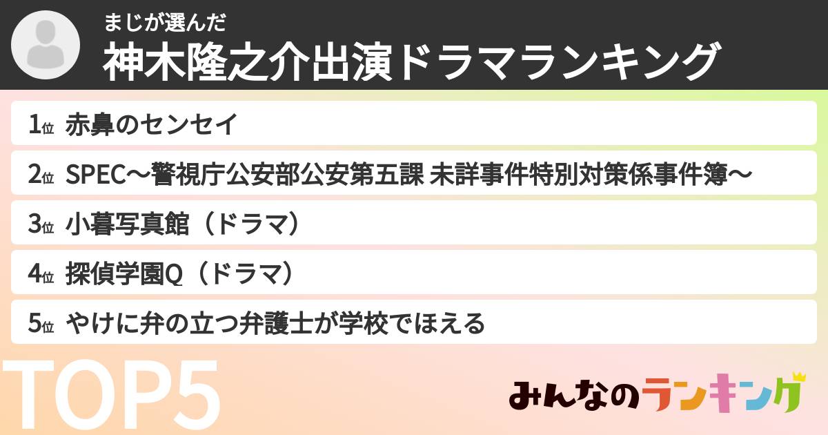 まじさんの「神木隆之介出演ドラマランキング」