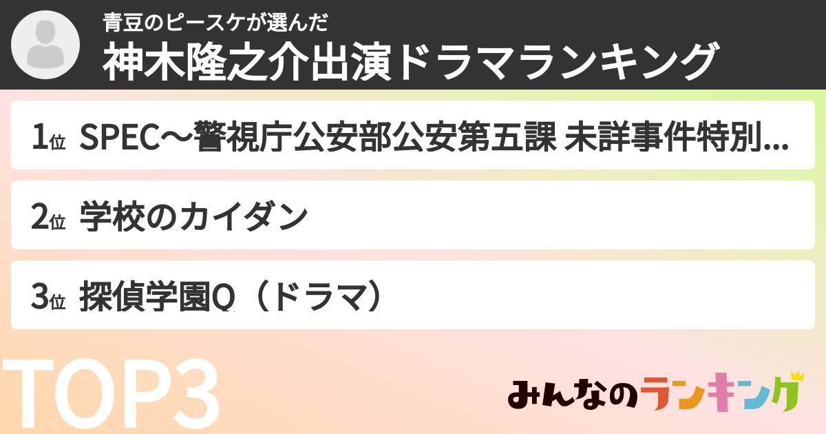 青豆のピースケさんの「神木隆之介出演ドラマランキング」