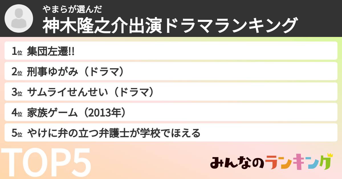 やまらさんの「神木隆之介出演ドラマランキング」