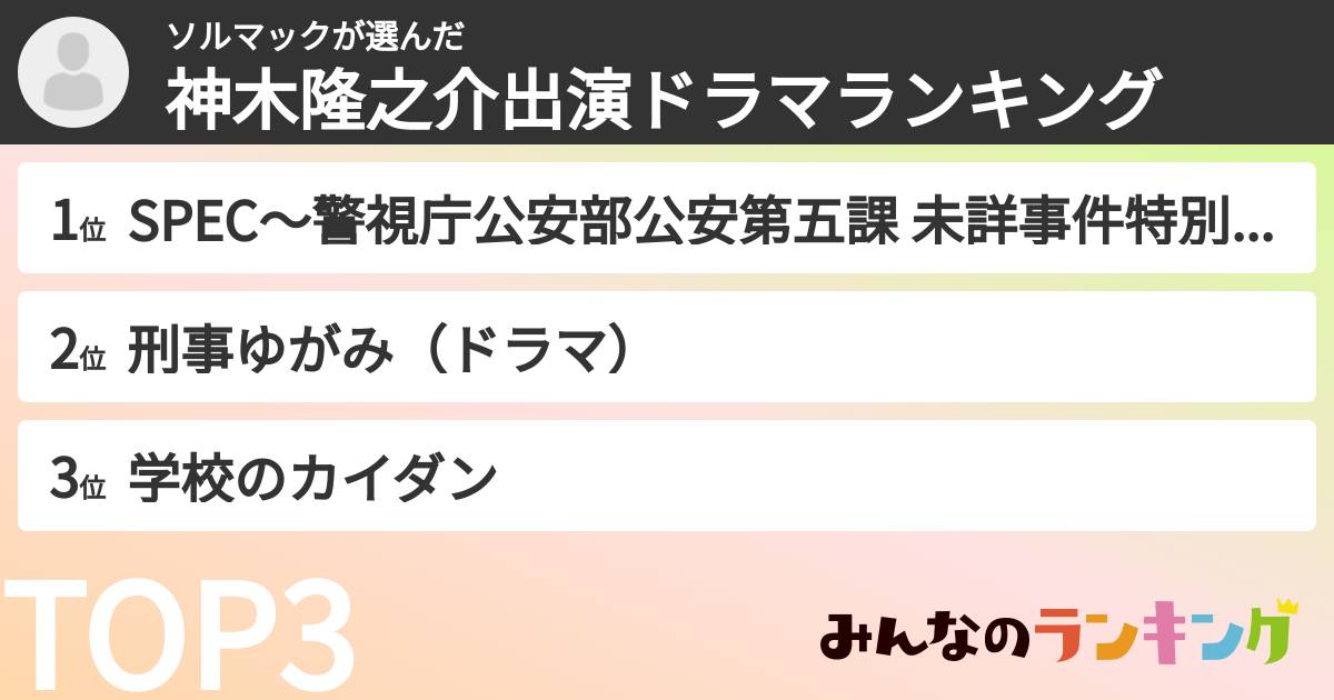 ソルマックさんの「神木隆之介出演ドラマランキング」