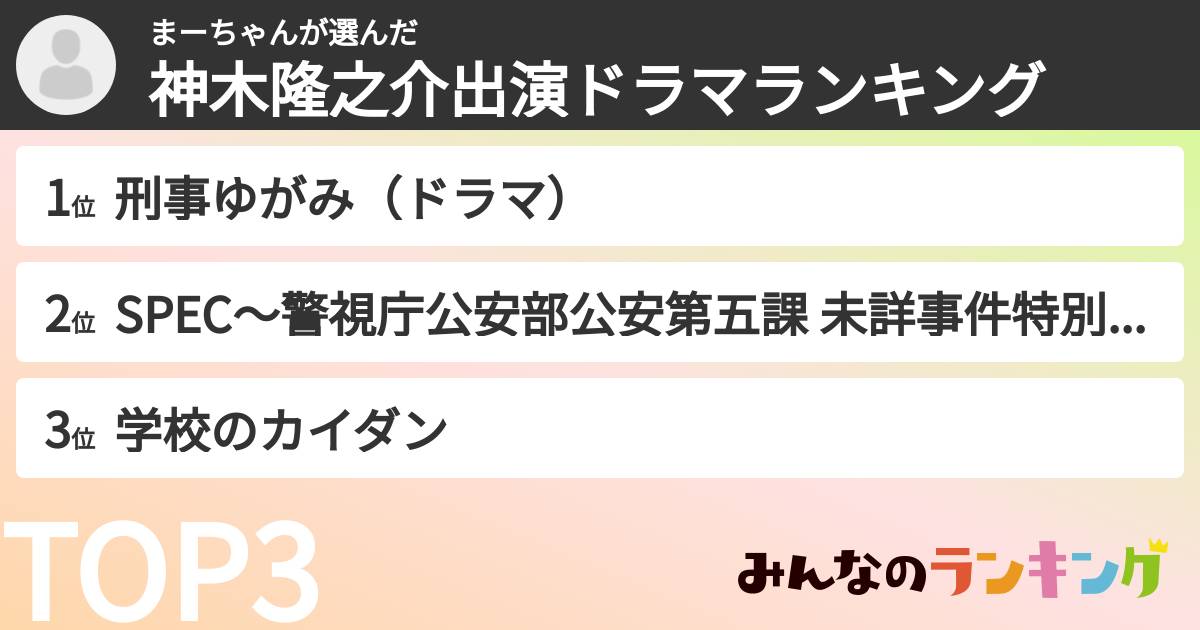 まーちゃんさんの「神木隆之介出演ドラマランキング」