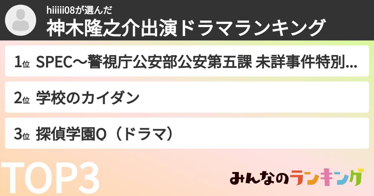 hiiiii08さんの「神木隆之介出演ドラマランキング」