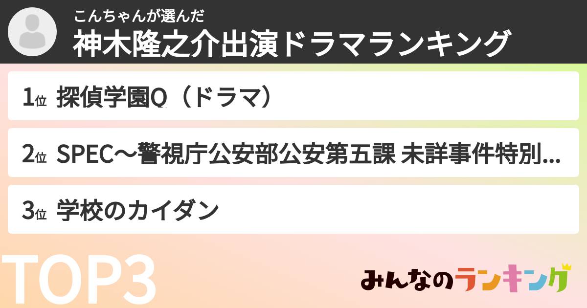 こんちゃんさんの「神木隆之介出演ドラマランキング」