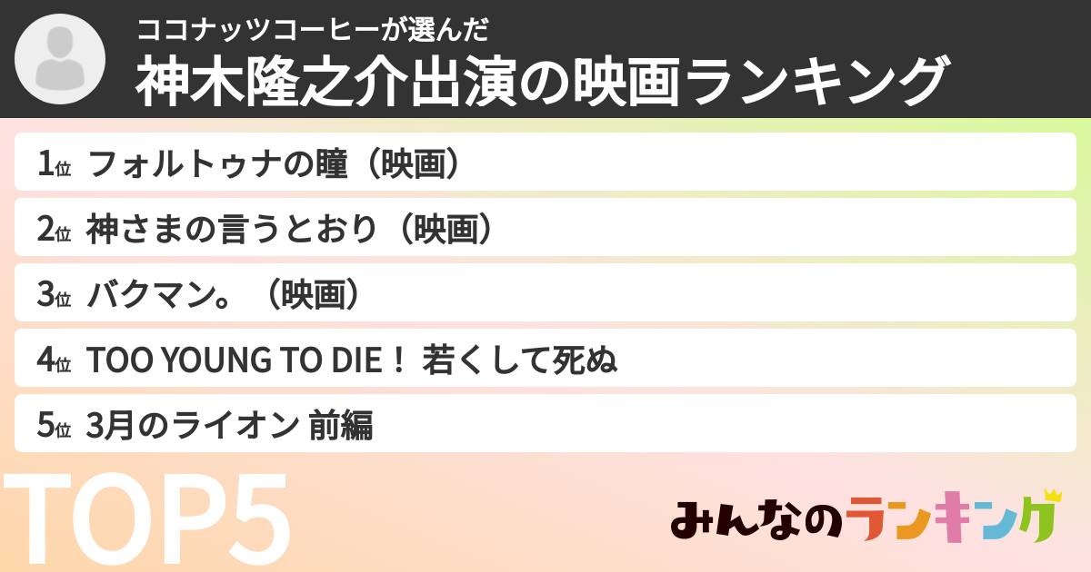 ココナッツコーヒーさんの「神木隆之介出演の映画ランキング」