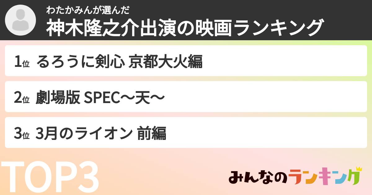 わたかみんさんの「神木隆之介出演の映画ランキング」