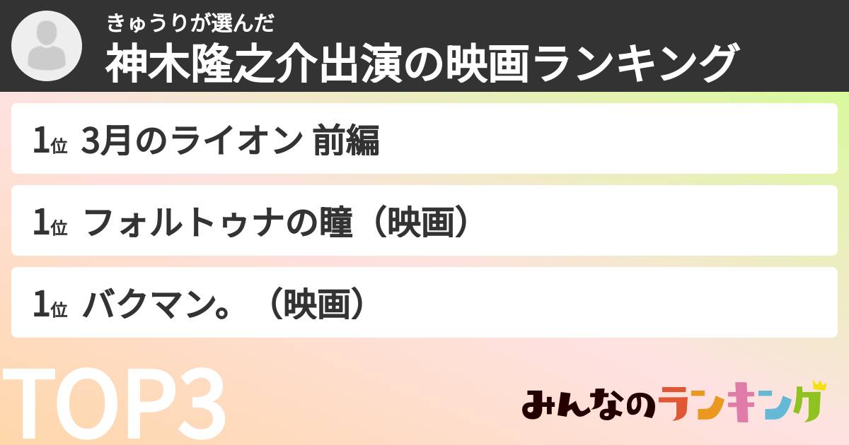 きゅうりさんの「神木隆之介出演の映画ランキング」