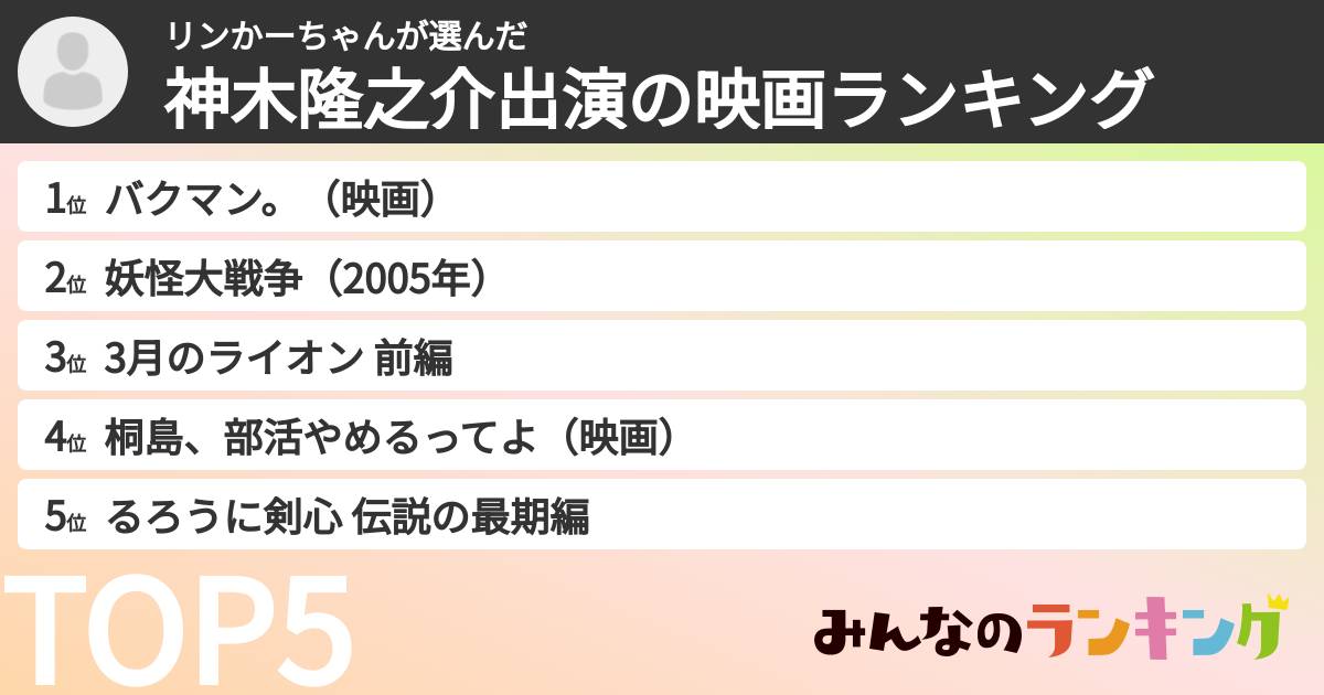 リンかーちゃんさんの「神木隆之介出演の映画ランキング」