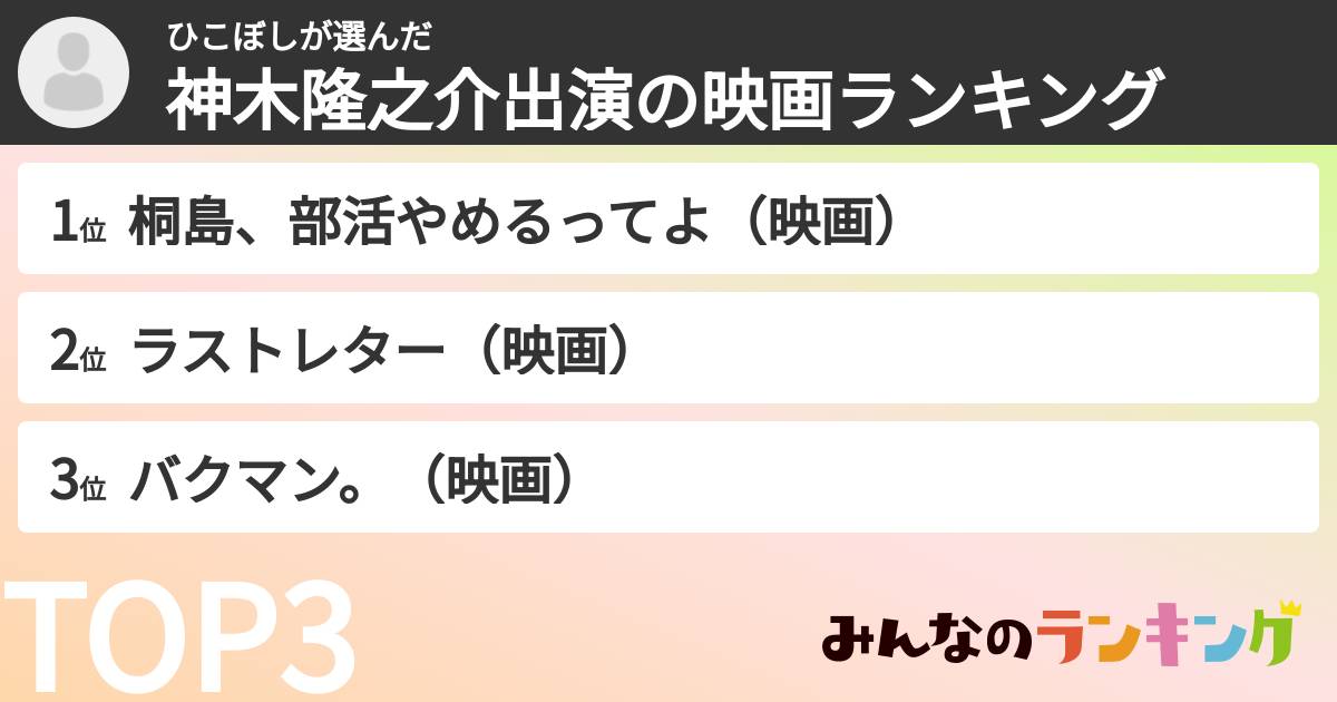ひこぼしさんの「神木隆之介出演の映画ランキング」