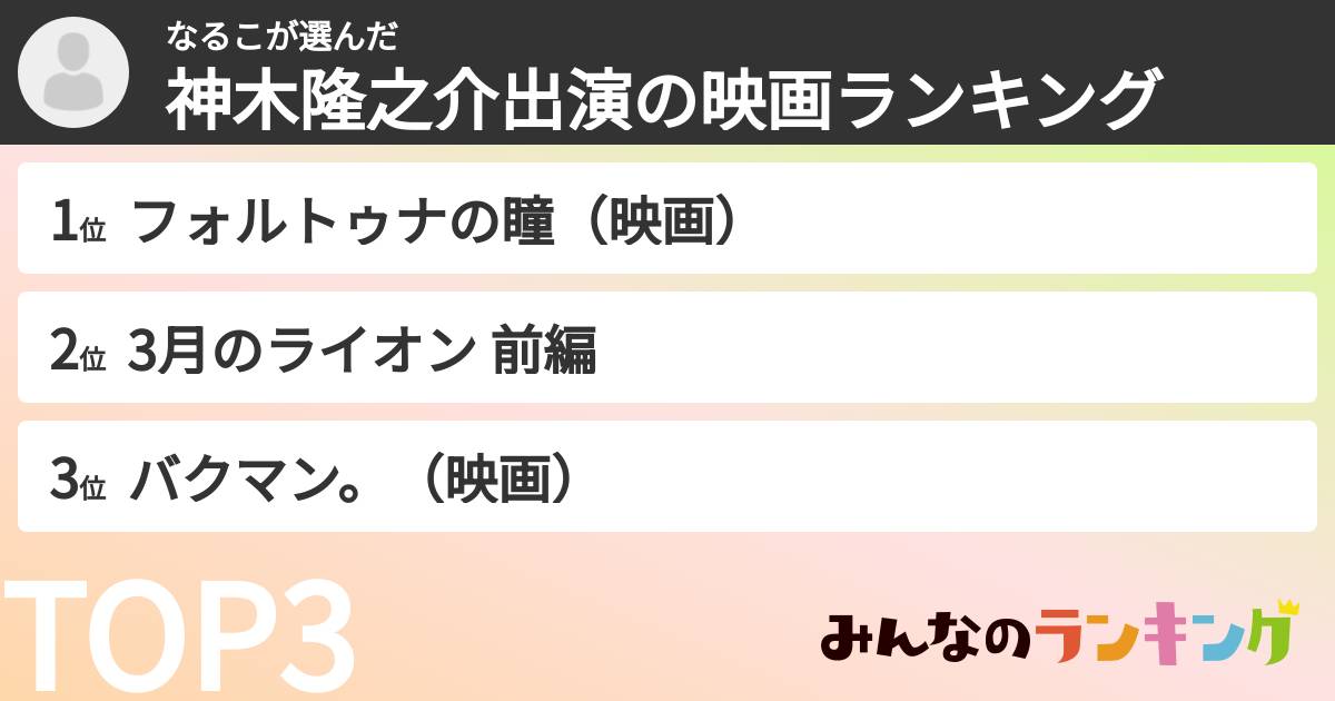 なるこさんの「神木隆之介出演の映画ランキング」