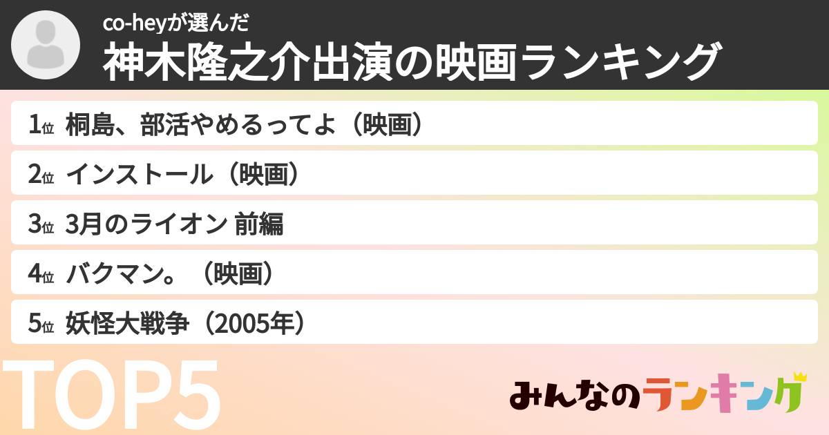 co-heyさんの「神木隆之介出演の映画ランキング」