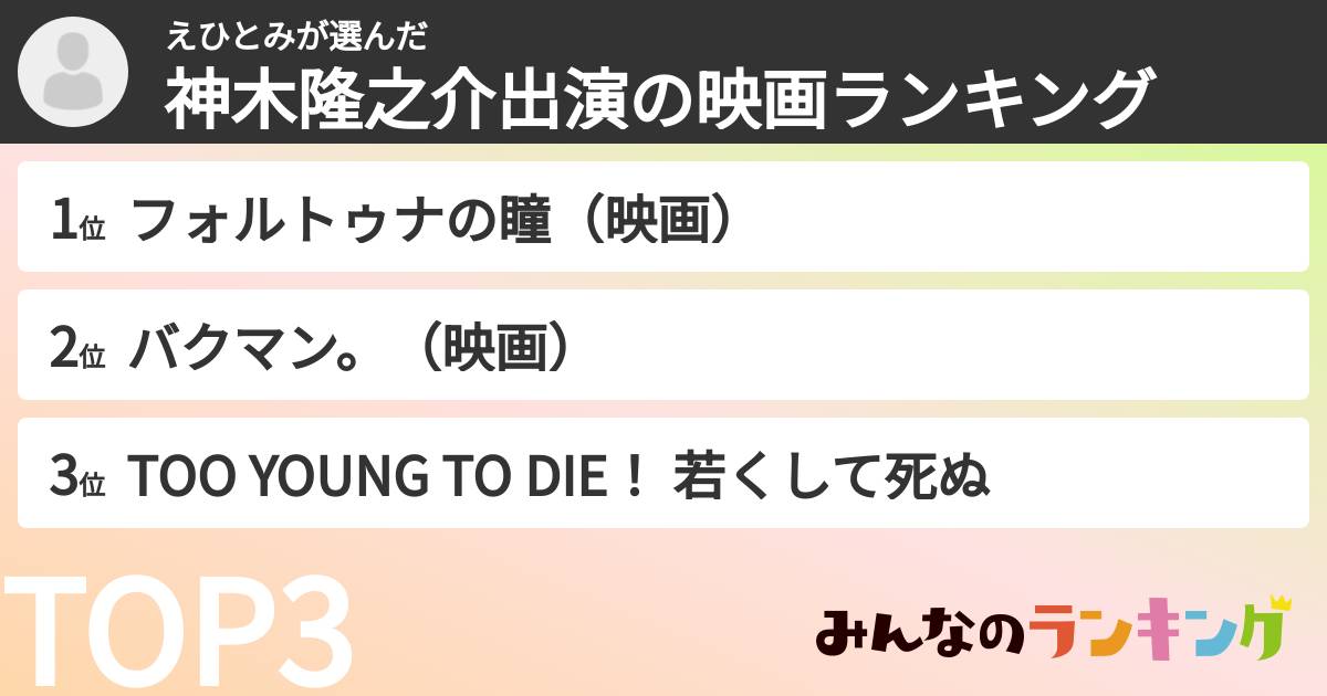 えひとみさんの「神木隆之介出演の映画ランキング」