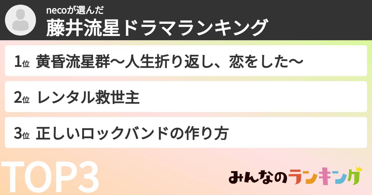 necoさんの「藤井流星ドラマランキング」