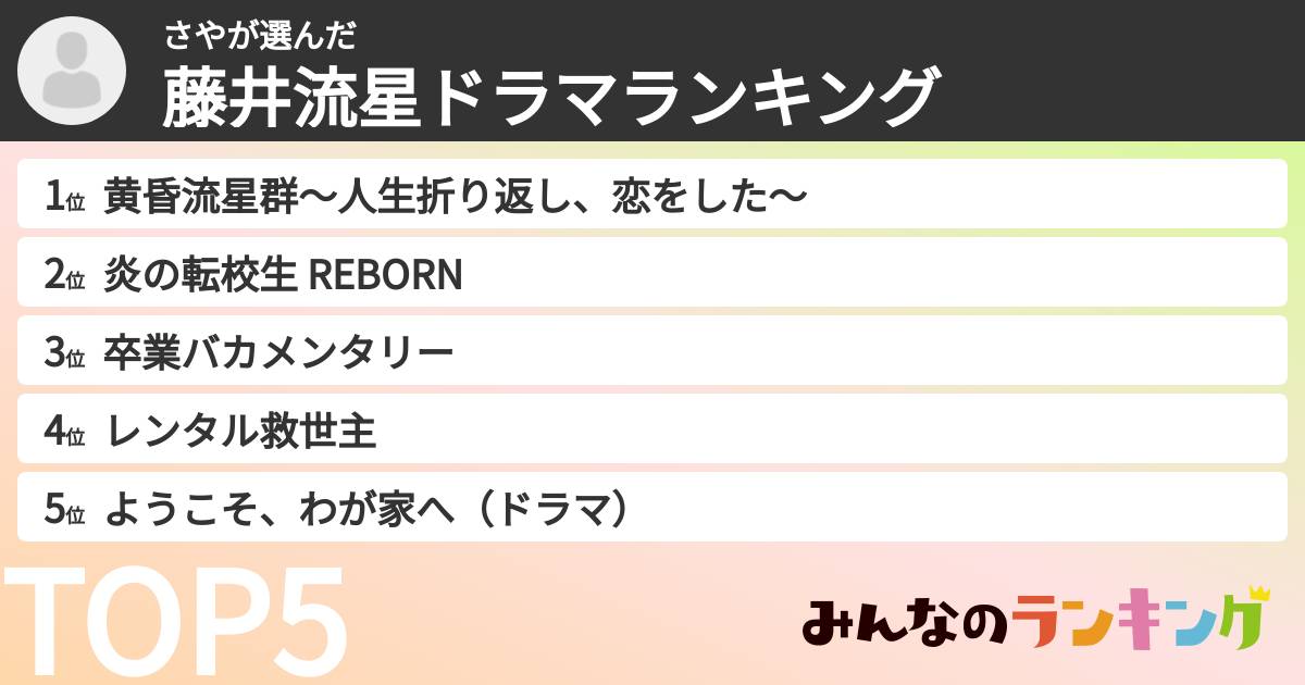 さやさんの「藤井流星ドラマランキング」