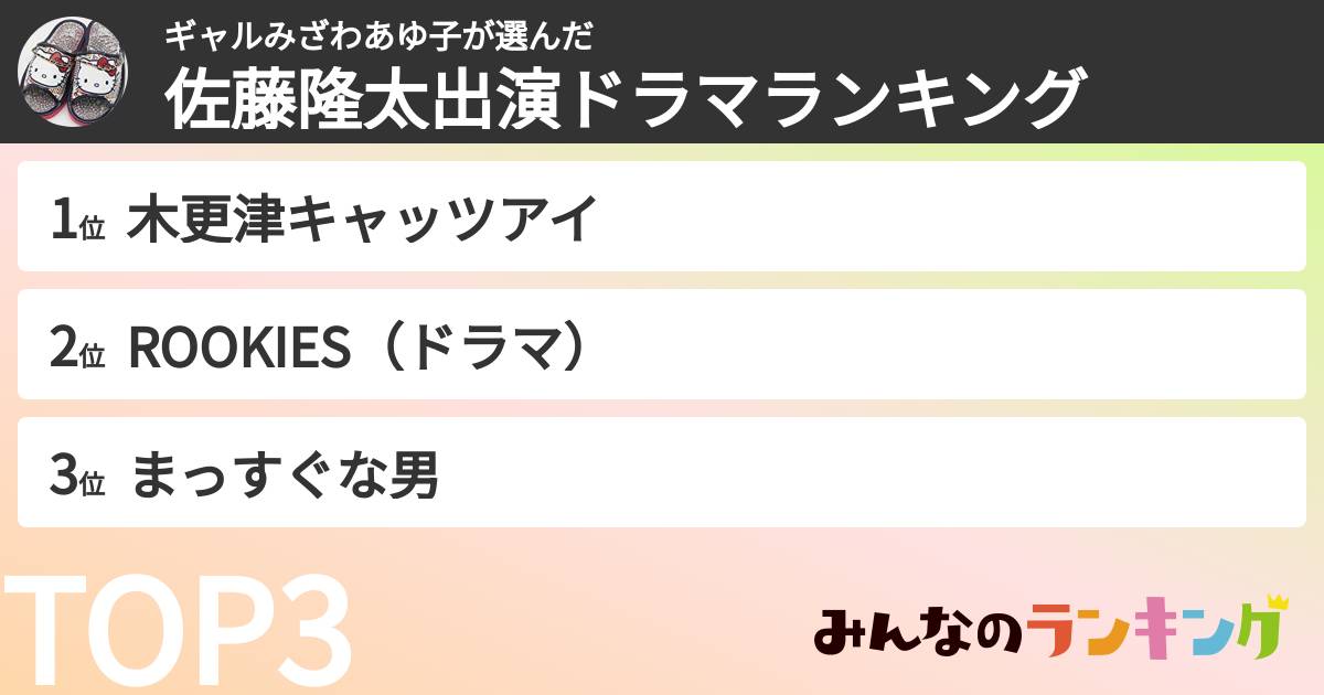 ギャルみざわあゆ子さんの「佐藤隆太出演ドラマランキング」
