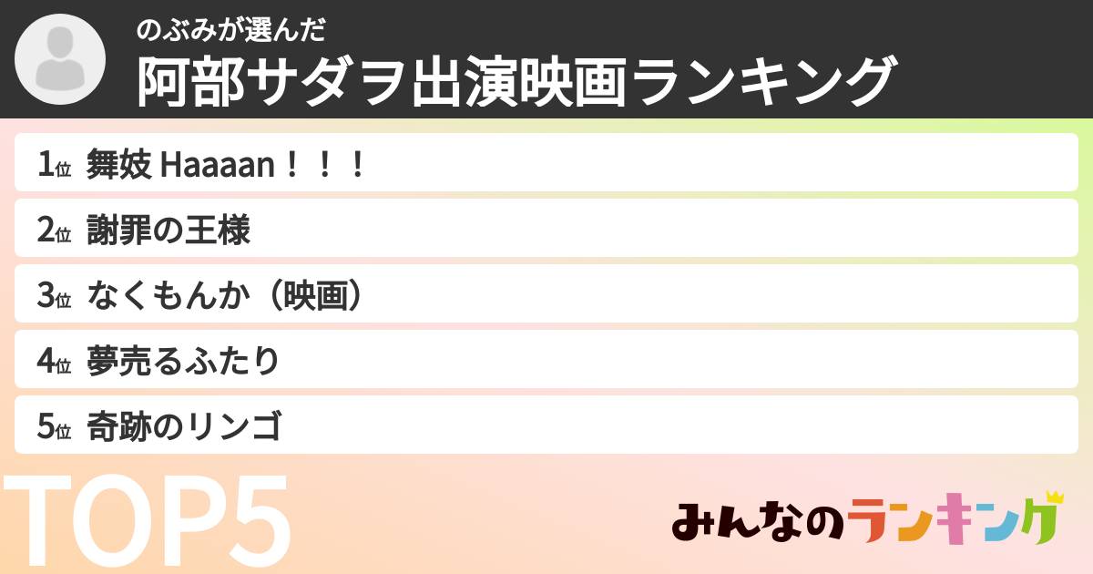 のぶみさんの「阿部サダヲ出演映画ランキング」