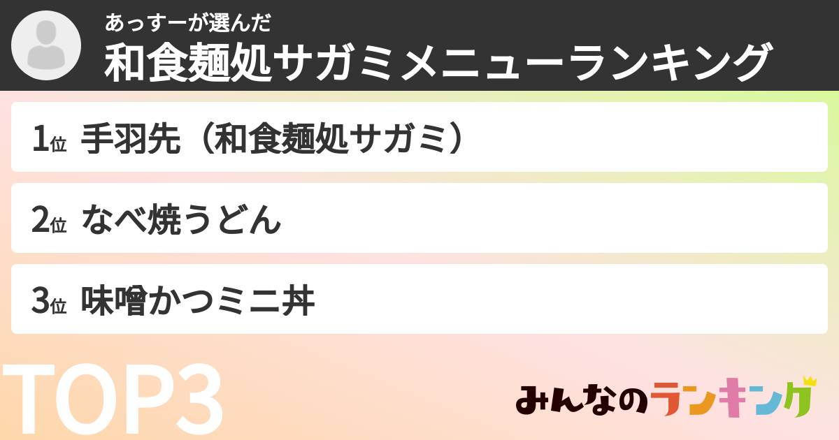 あっすーさんの「和食麺処サガミメニューランキング」
