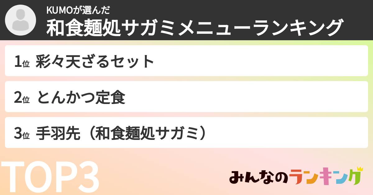 KUMOさんの「和食麺処サガミメニューランキング」