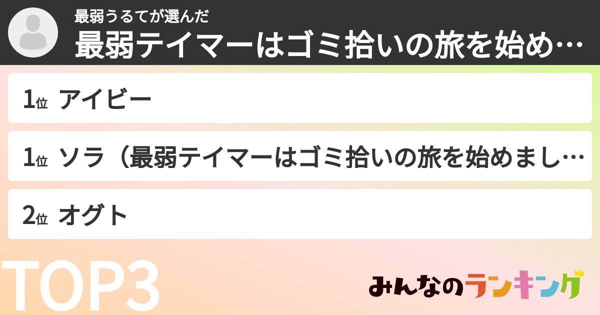 最弱うるてさんの「最弱テイマーはゴミ拾いの旅を始めましたキャラランキング」