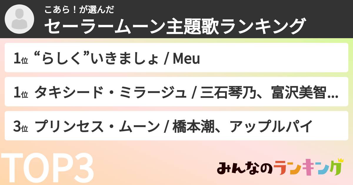 こあら！さんの「セーラームーン主題歌ランキング」