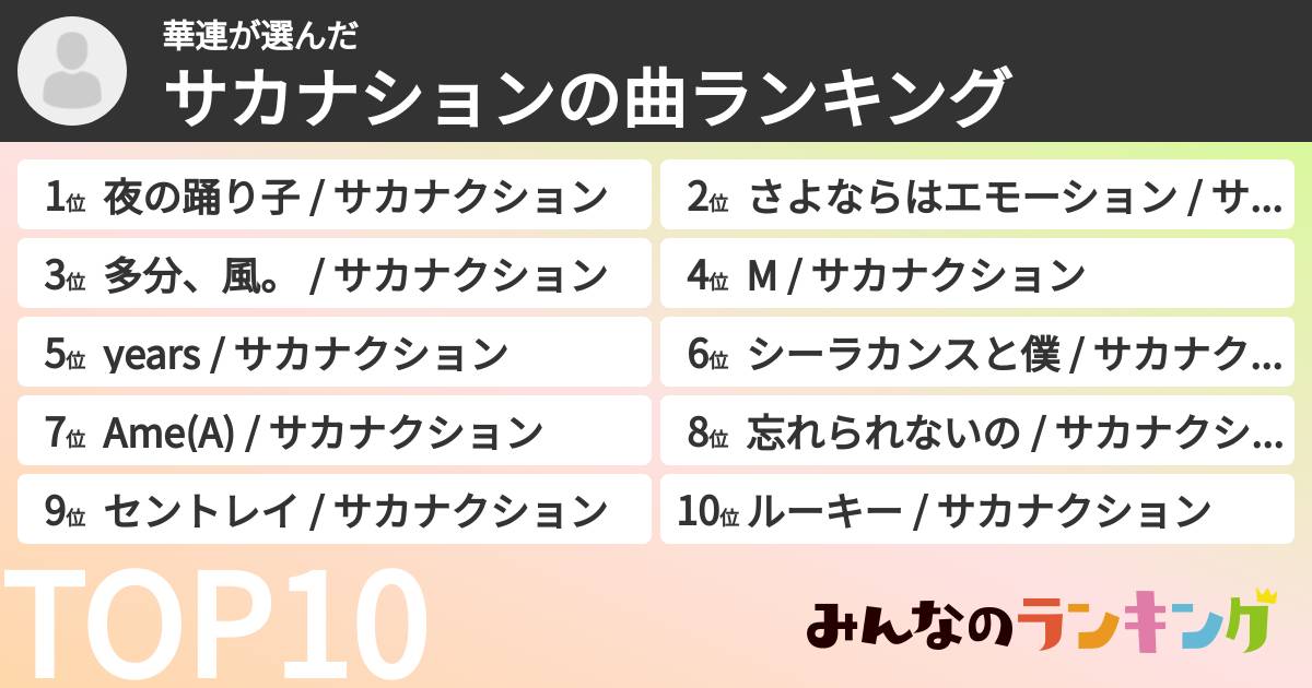 華連さんの「サカナションの曲ランキング」