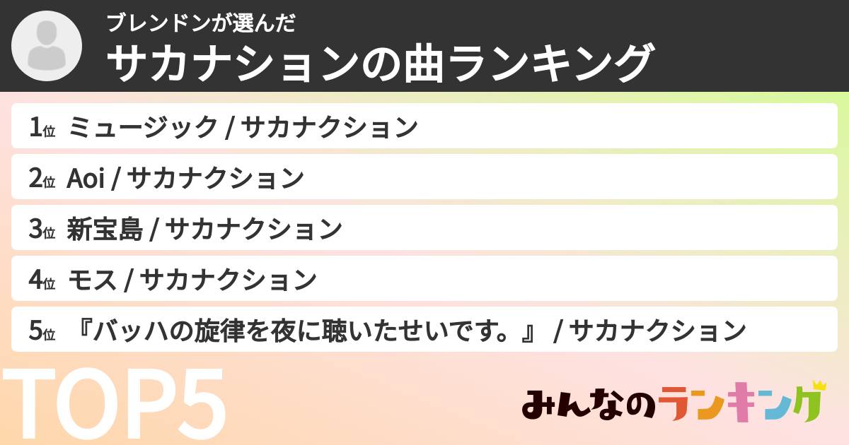 ブレンドンさんの「サカナションの曲ランキング」